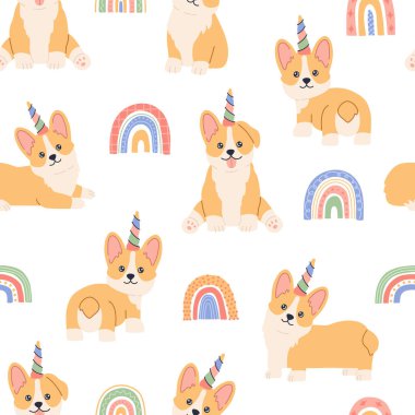 Renkli boynuzlu Kawaii corgi unicorn, arkasında gökkuşağı, sevimli yüzlü küçük sihirli köpek. Beyaz arka planda köpek deseni var. Düz çizgi film tarzında el çizimi modern illüstrasyon