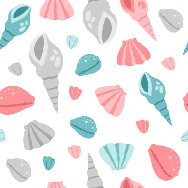 Pembe, gri ve mavi deniz kabuğu, kusursuz yaz şablonu. Deniz altı yaşamı, plaj okyanus kabukları, modern moda vektör düz karikatür çizimleri beyaz arka planda, çocuk duvar kağıtları için tekrarlanan tasarım