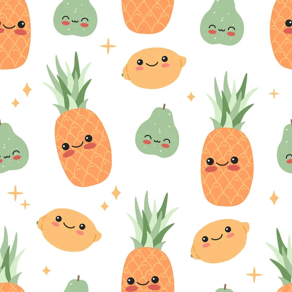 Funny Cute Baby Fruits Emotion Smiling Face Cartoon Seamless Pattern —  Vetores de Stock