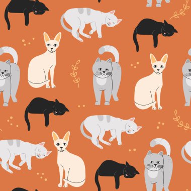 Komik şirin kediler kusursuz desen. Çocuksu hayvan portakalı yineleme arka planı, duvar kağıdı için basit hayvan süsü, ya da paket kağıdı, modern moda el çizimi vektör çizimi, düz çizgi film tarzı