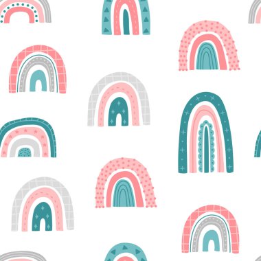 Kawaii gökkuşağı pürüzsüz desen, şirin soyut pembe renkler, çocuksu el çizimi moda modern karalama düz tarzında arka plan. Tekstil, hatıra defteri ve duvar kağıdı için vektör illüstrasyonu