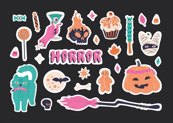 Pegatinas Halloween Conjunto Elementos Ilustración Miedo Dibujado Mano Linda Colección — Vector de stock