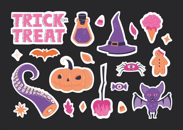 Adhesivo Halloween Conjunto Elementos Ilustración Miedo Dibujado Mano Linda Colección — Vector de stock