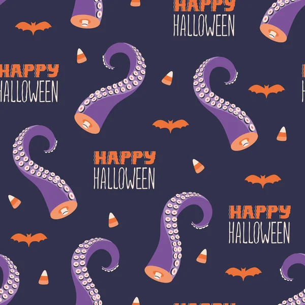 Feliz Halloween Letras Tentáculos Espeluznantes Silueta Murciélago Caramelo Patrón Sin — Vector de stock