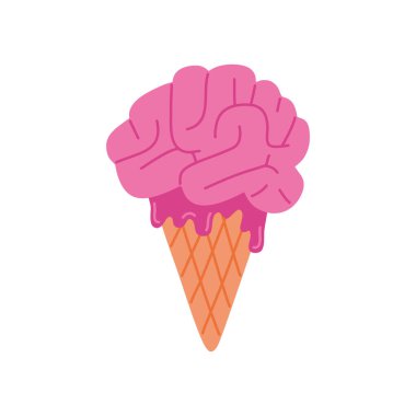 Korkunç eritilmiş beyin dondurması, ürpertici cadılar bayramı dondurması. Şaka mı şeker mi? Tişört baskısı, davetiye ya da kutlama kartı için el yapımı tasarım şablonu. Beyaz arkaplanda izole edilmiş vektör illüstrasyonu