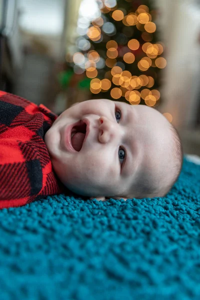 Baby First Christmas Laying Floor Tree — Stock Photo, Image