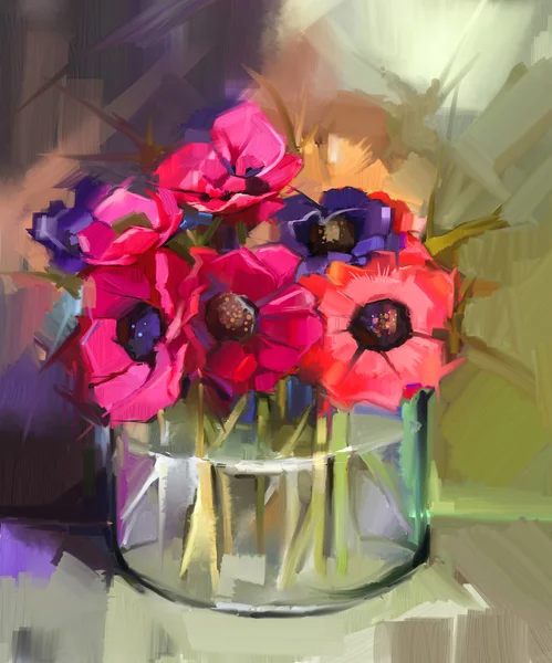 Stilleven een boeket bloemen. Olieverfschilderij rode anemonen bloem — Stockfoto