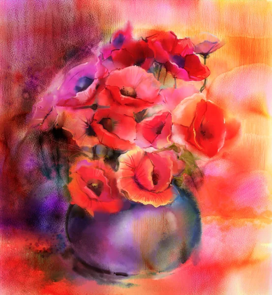 Watercolor painting Colorful Bouquet of poppy flowers in vase — Stock Photo, Image