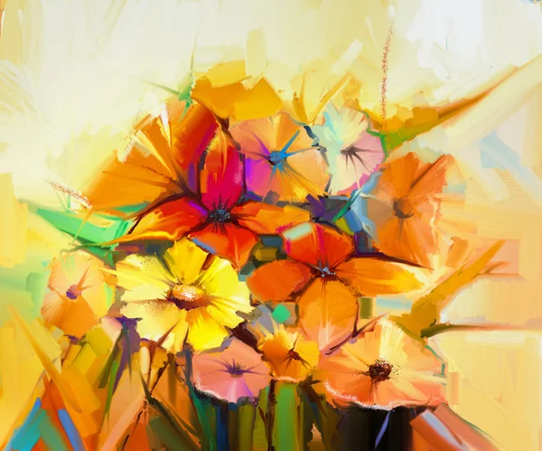 油油画静物的黄色、 粉红色和红色的非洲菊、 菊花, — 图库照片
