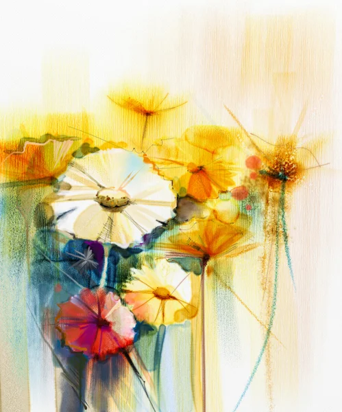 Abstract aquarel van voorjaar bloem. Stilleven van geel, roze en rode gerbera daisy. — Stockfoto