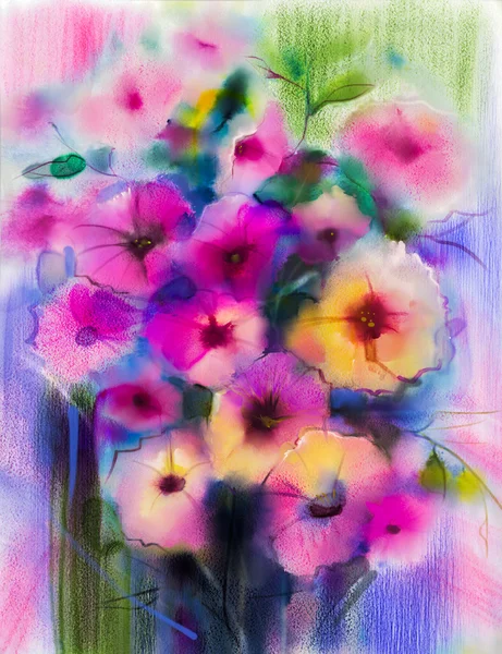 Absztrakt virágos akvarell. Kézi festék fehér, sárga, rózsaszín és piros színű virágok Margaréta-gerbera — Stock Fotó