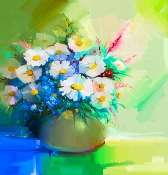 Abstract olieverfschilderij van voorjaar bloem. Stilleven van witte gerbera, wilde bloemen, madeliefjes, Lila. — Stockfoto