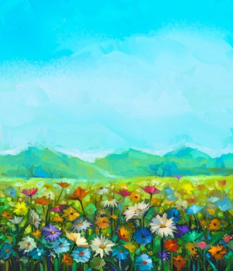 Yağlı boya beyaz, kırmızı, sarı papatya gerbera çiçekleri, alanlardaki kır çiçeği. Kır çiçekleri, çayır yatay