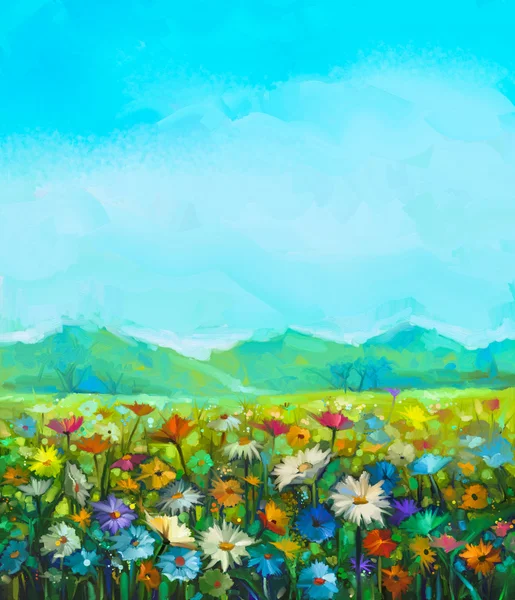 Pintura al óleo blanco, rojo, margarita amarilla-gerberas, flores silvestres en los campos. Paisaje del prado con flores silvestres —  Fotos de Stock