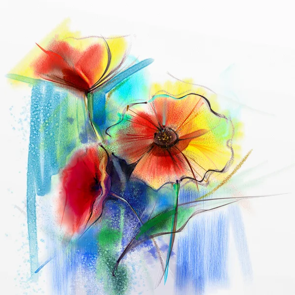 抽象派水彩画的春天的花朵。静物的黄色、 粉红色和红色的非洲菊、 菊花 — 图库照片©Nongkran_ch