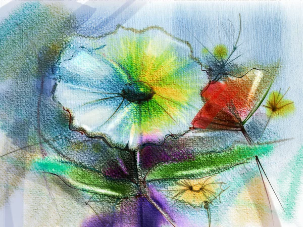 Abstrakt blomma akvarellmålning. Hand måla stilleben av gult, rosa, röd färg daisy-gerbera blommig — Stockfoto