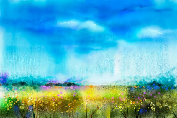 Watercolor painting landscape, wildflower and blue sky — Stock Photo, Image