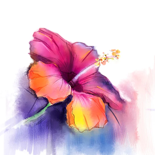 청색 배경에 추상 수채화 그림 빨간 히비스커스 꽃 — 스톡 사진