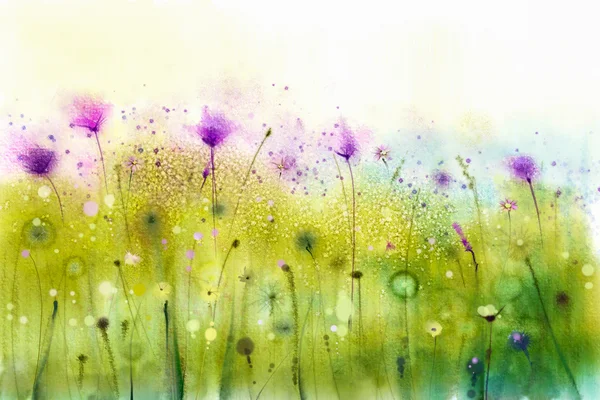 Abstract watercolor painting purple cosmos flowers and white wildflower.