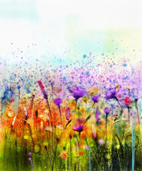 Abstrakte Aquarellmalerei lila Kosmosblume, Kornblume, violetter Lavendel, weiße und orangefarbene Wildblume. — Stockfoto