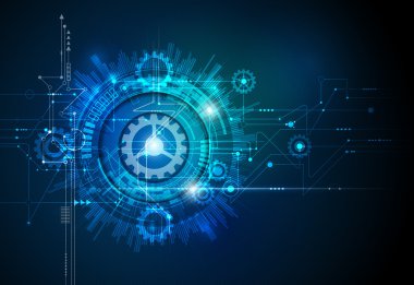 Vektör çizim Dişli çark, altıgenler ve devre kartı, yüksek teknoloji dijital teknoloji ve mühendislik, dijital telekom teknoloji kavramı.