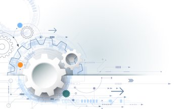 Vektör fütüristik teknoloji arka plan, devre kartı üzerinde 3d beyaz kağıt dişli tekerlek. İllüstrasyon hi-tech, mühendislik, dijital telekom kavramı.