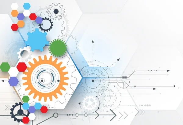 Roda de engrenagem de ilustração vetorial, hexágonos e placa de circuito, tecnologia digital Hi-tech e engenharia —  Vetores de Stock