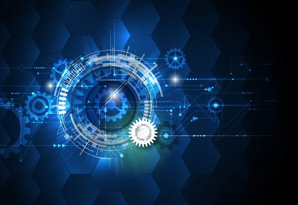 Illustration vectorielle roue dentée, hexagones et carte de circuits imprimés, technologie numérique Hi-tech et ingénierie — Image vectorielle
