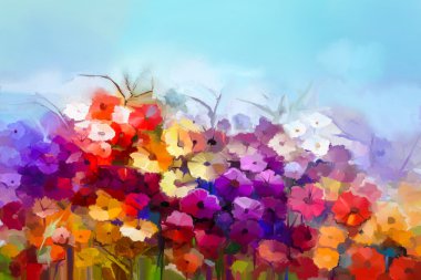 Soyut yağlıboya beyaz, sarı, kırmızı papatya, tarlada gerbera çiçeği. Boyama yaz, çayırmanzara bahar çiçekleri
