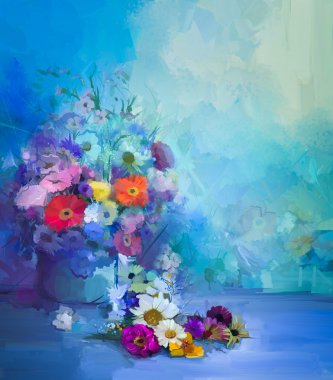 Vazoda çiçek boyama. Beyaz el boyası natürmort buketi, Sarı ve Turuncu Ayçiçeği, Gerbera, Papatya çiçekleri