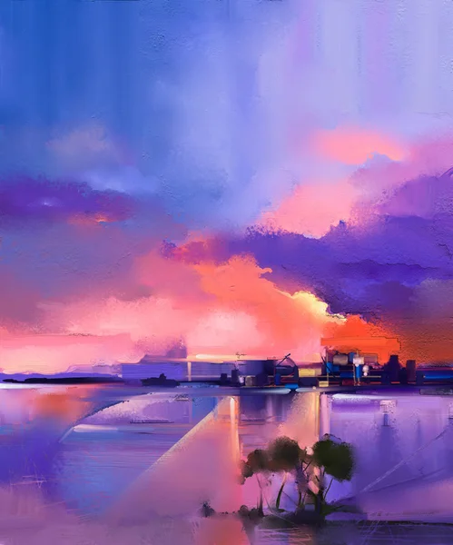 Peinture à l'huile abstraite. Crépuscule, coucher de soleil, ciel orange et violet coloré peinture à l'huile paysage sur toile . — Photo