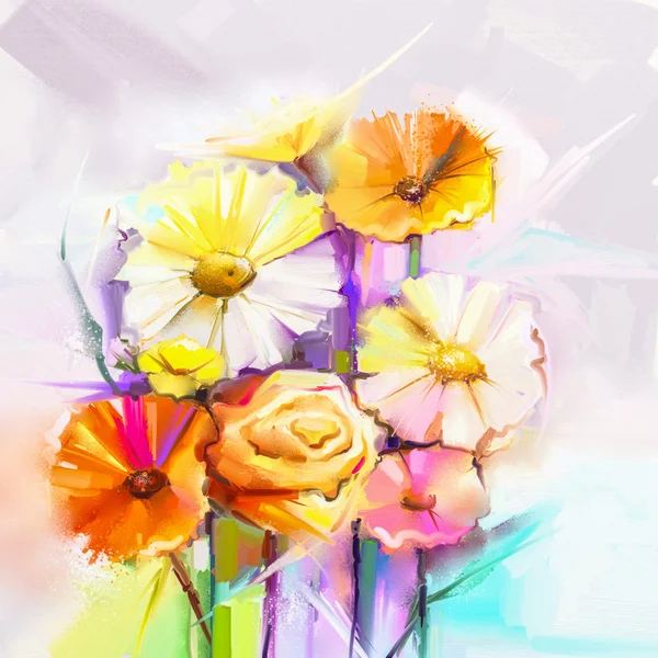 Abstracto óleo pintura flor de primavera. Bodegón de gerberas amarillas, rosadas, rojas y ramo de rosas . — Foto de Stock