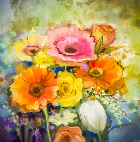 水彩画の花。黄色、オレンジ、白ガーベラ、バラ、グランジテクスチャの背景にチューリップの花の手の塗料静物の花束. — ストック写真