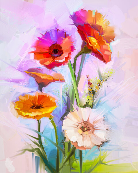 Abstract oil painting of spring flowers. Still life of yellow and red gerbera flower. Colorful Bouquet flowers with light purple, blue color background.
