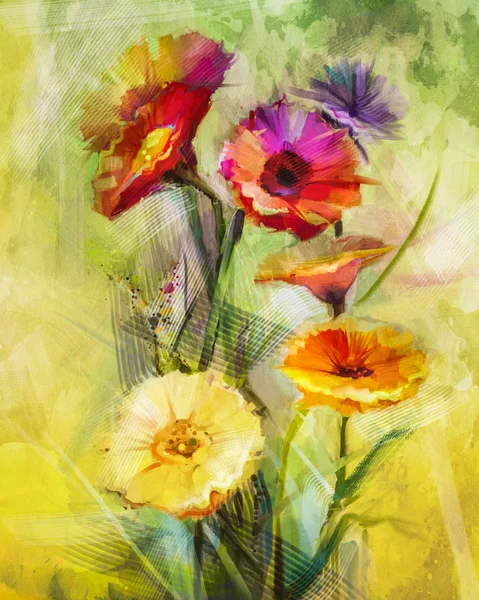 Aquarellmalerei Blumen. Handbemalung Stilleben Bouquet von gelben, orangen, weißen Gerbera-Blumen auf Grunge-Texturen Hintergrund. — Stockfoto