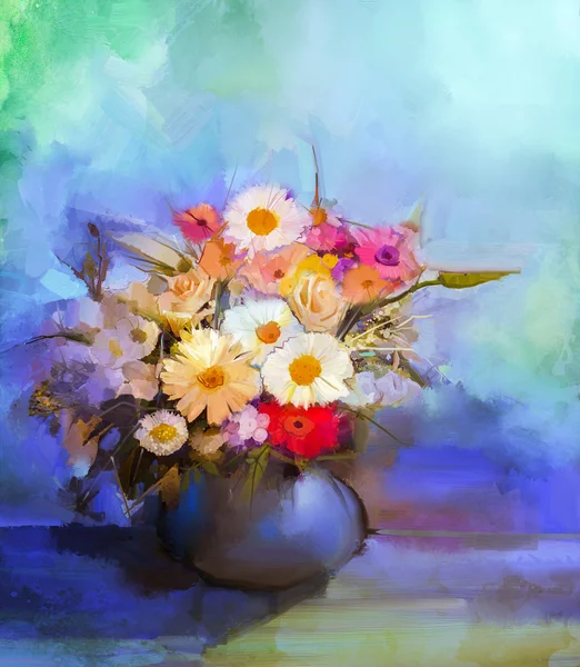 Dipinto ad olio fiori in vaso. Pittura a mano nature morte bouquet di girasole bianco, giallo e arancione, Gerbera, fiori di margherita — Foto Stock