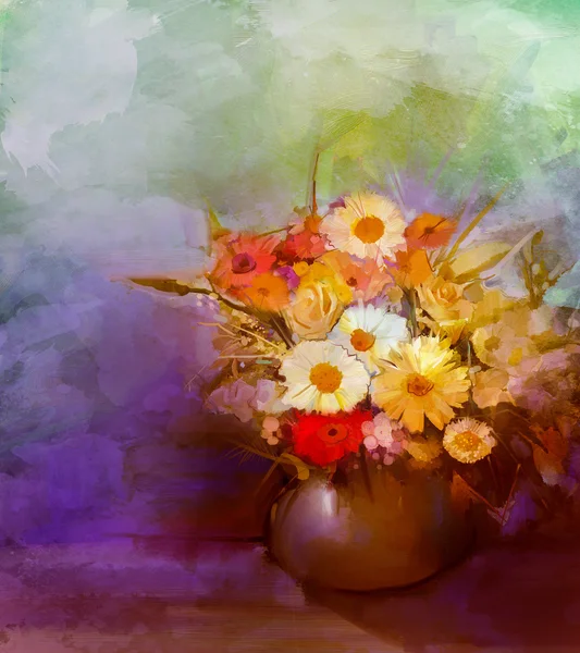 Ölgemälde Blumen in der Vase. Handbemalung Stilleben Bouquet aus weißen, gelben und orangen Sonnenblumen, Gerbera, Gänseblümchen. — Stockfoto