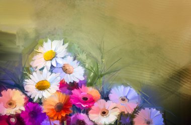 Yağlı boya çiçekleri. Beyaz el boyası natürmort buketi, Sarı ve Turuncu Ayçiçeği Gerbera Papatya çiçekleri.