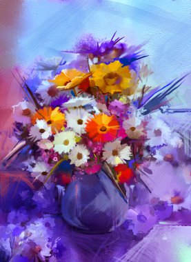 Vazoda çiçek boyama. Beyaz el boyası natürmort buketi, Sarı ve Turuncu Ayçiçeği, Gerbera, Papatya çiçekleri.