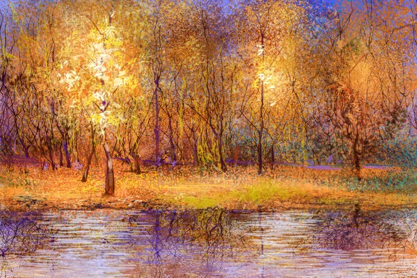 Pintura al óleo paisaje - árboles de otoño de colores — Foto de Stock