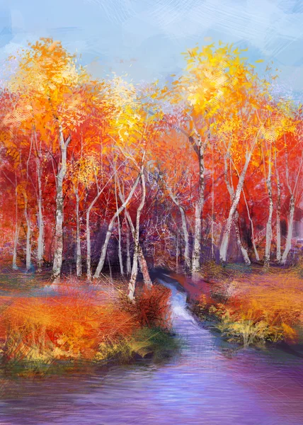 Pintura al óleo paisaje otoño colorido —  Fotos de Stock