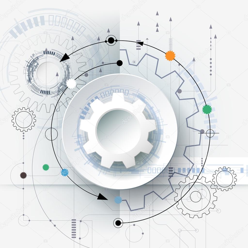 Vector futuristic technology, 3d white paper gear wheel on circuit board