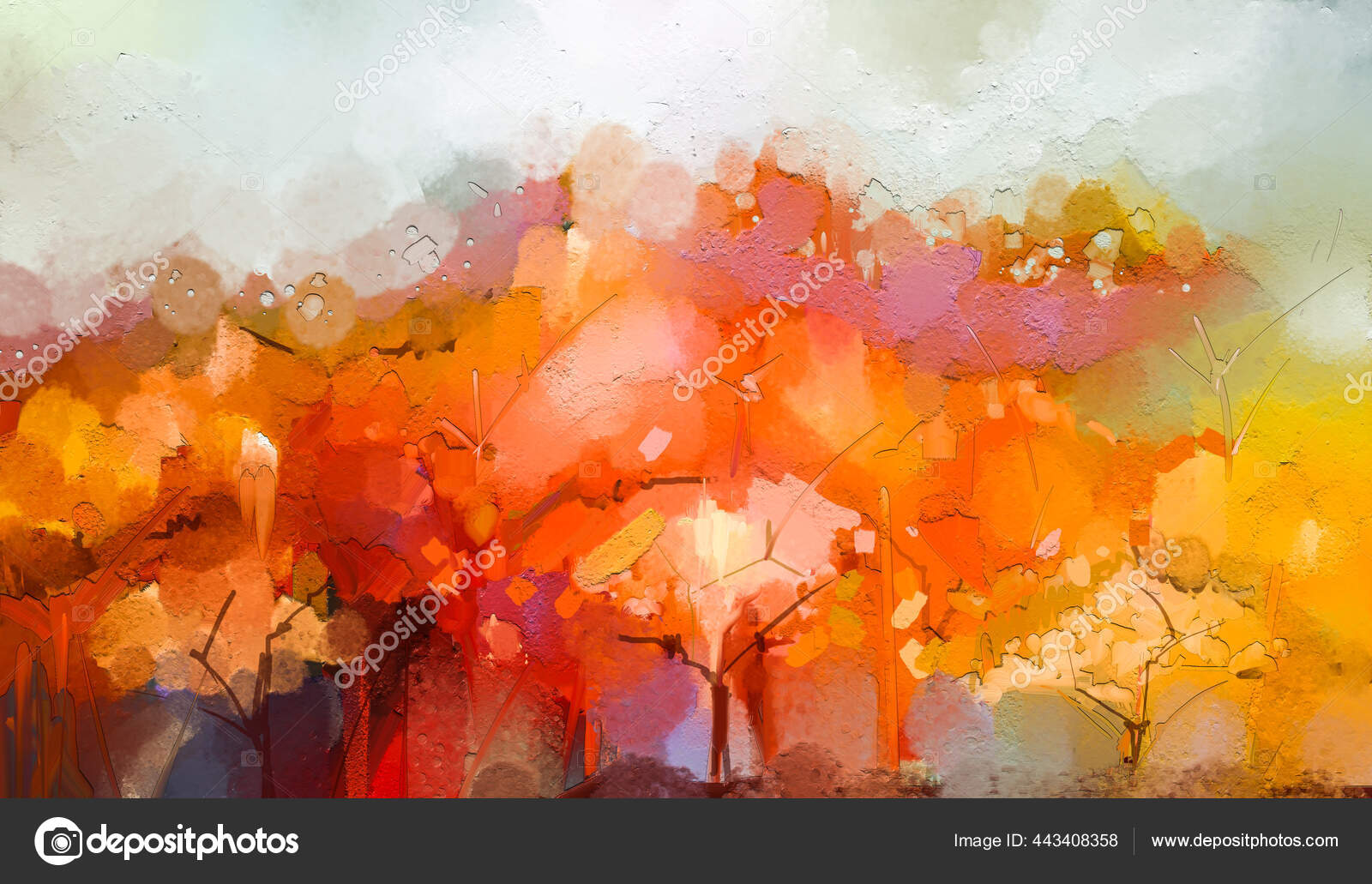 イラストカラフルな秋の森 秋の季節の抽象的な画像 木の黄色と赤の葉