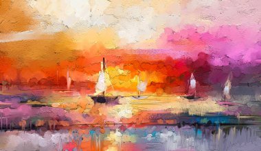 Tuval dokusunda renkli yağlı boya tablosu. Deniz manzaralı resimlerin güneş ışığı arkaplanındaki izlenimciliği. Tekneli modern sanat eserleri, denizde yelken açmak. Arkaplan için soyut çağdaş sanat