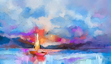 Tuval dokusunda renkli yağlı boya tablosu. Deniz manzaralı resimlerin güneş ışığı arkaplanındaki izlenimciliği. Tekneli modern sanat eserleri, denizde yelken açmak. Arkaplan için soyut çağdaş sanat