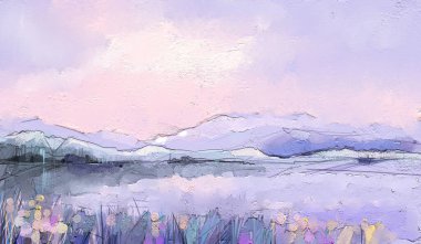 Tuval üzerinde soyut renkli yağlı boya tablo. Ağaçların, tarlaların, çayırların yarı soyut görüntüsü. Manzara resimleri arka planda. Yeşil, kırmızı ve mavi renkli modern sanat eserleri. Arkaplan için çağdaş sanat