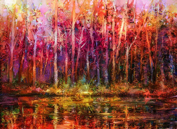 Oil Painting Colorful Autumn Trees Semi Abstract Image Forest Aspen — Stock Photo, Image