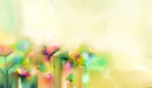 摘要色彩艳丽的油画 春花的丙烯酸油画 手绘画笔在帆布上 图例油画以花卉为背景 现代艺术绘画中黄色 红色的花朵 — 图库照片