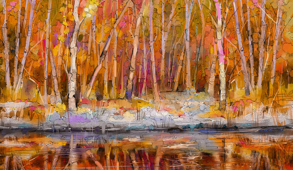 Oil Painting Colorful Autumn Trees Semi Abstract Image Forest Aspen Stock Photo