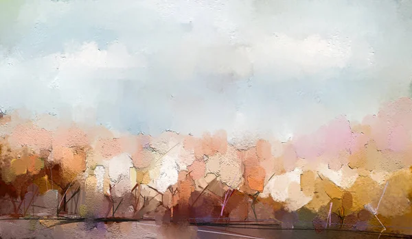 油絵カラフルな秋の木 ヴィンテージペイントの色 風景の画像 木の上に黄色 赤の葉で森 秋の季節の自然背景 手描きの印象派 屋外の風景 — ストック写真